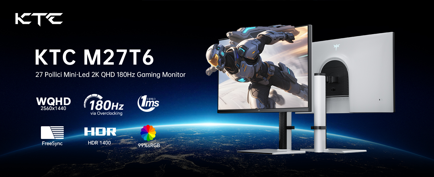 Display monitor da gioco KTC M27T6 che mostra filmati di gioco con specifiche tecniche tra cui WQHD e 180Hz evidenziati su uno sfondo scuro con illuminazione d'accento blu.