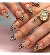 Gold French Tip Press on Nails Short Almond Fake Nails Nude False Nails With 3D Gold Irregularity...