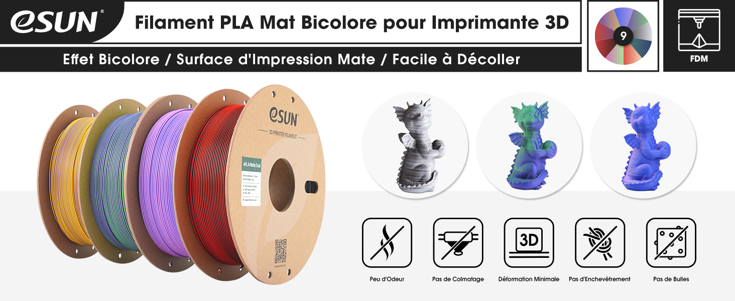 de différentes couleurs avec de petites figurines imprimées. L'emballage du produit montre la marque eSun et comporte des icônes indiquant les propriétés du produit