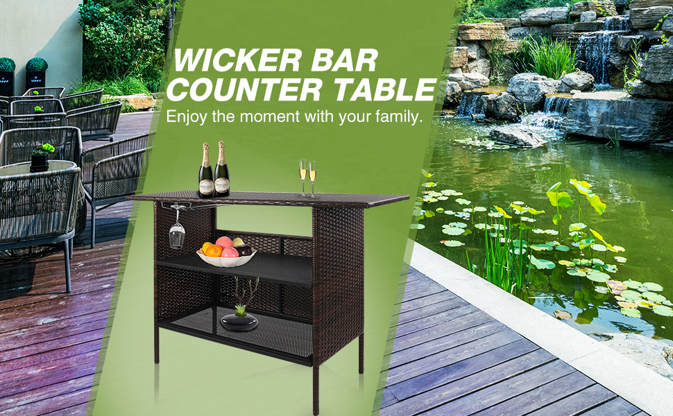 Piamomso Wicker Outdoor Bar Table with 2 Set of Rails