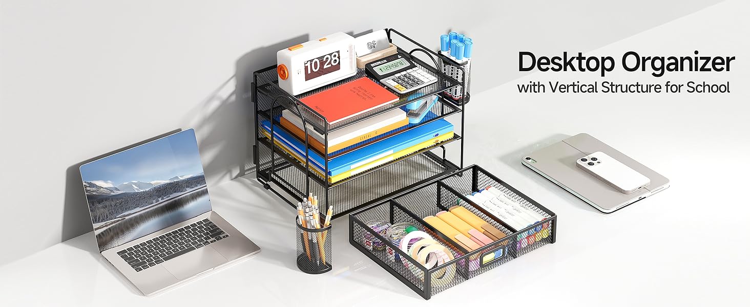 4 Tier Mesh Metal Desktop Organizer  with 2 Pen Holders for School
