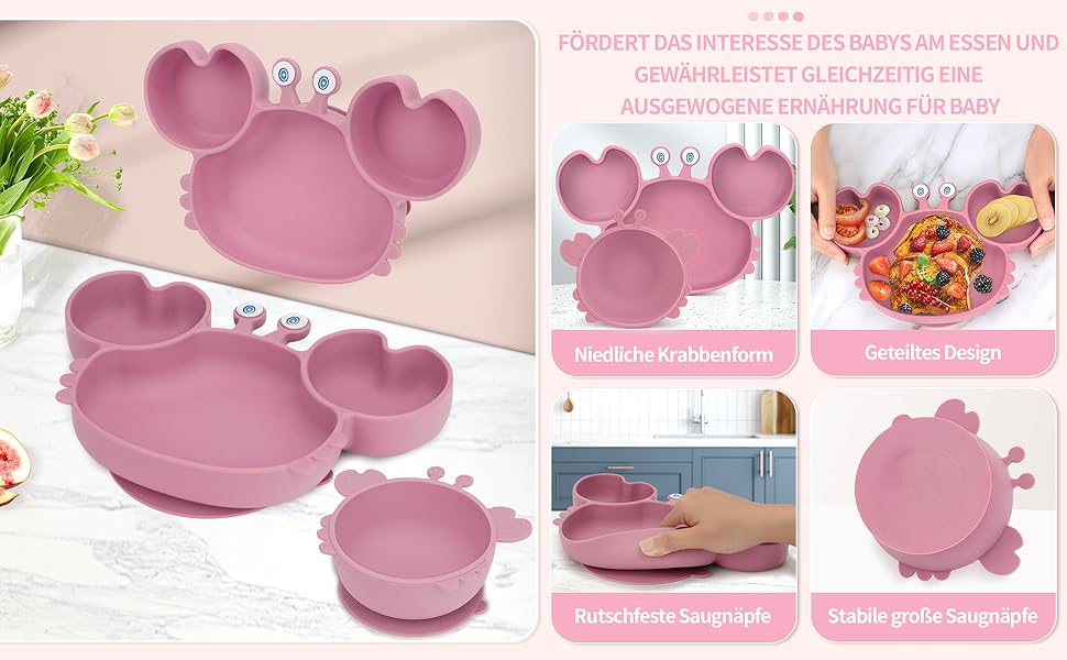 Niedliche Krabbenform Babyteller und Schüssel mit geteiltem Design und großem Saugnapf