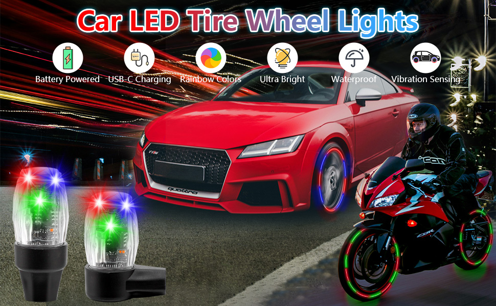 CARFIB 2 Pcs Car Tire Valve Lights LED Colorful Wheel
