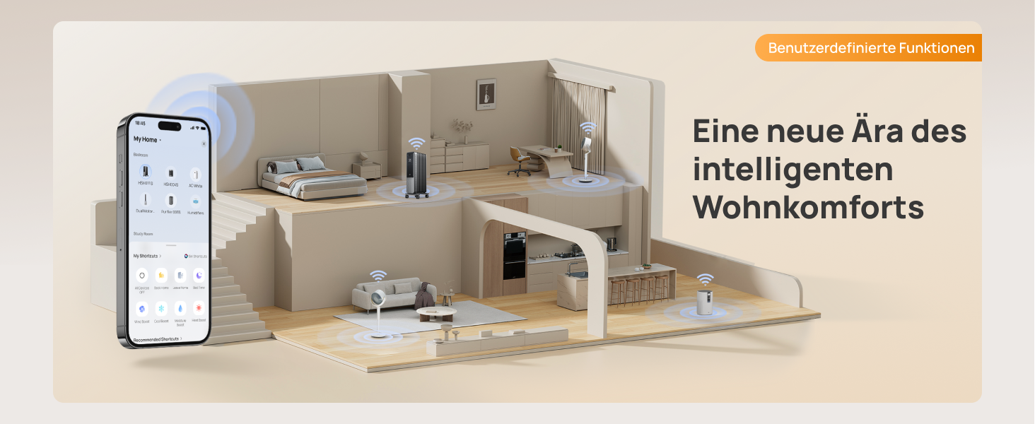 Der Text lautet „Eine neue Ära des intelligenten Wohnkomforts“. Die Benutzeroberfläche des Hausautomationssystems im Innenbereich wird auf dem Smartphone mit Raumaufteilung angezeigt.