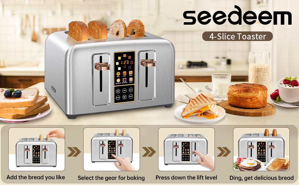 SEEDEEM Toaster 4 Slice, Stainless Toaster LCD Display