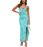 GRMLRPT Women's Sexy V Neck Maxi Dress Backless Bodycon Spaghetti Strap Mesh Ruffle High Slit Coc...