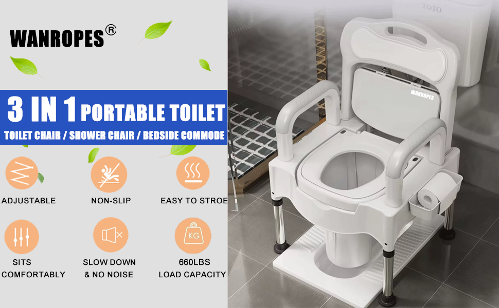 Bedside Commode, Portable Toilet, 3in1 Commode Chair for Seniors, 5 Height