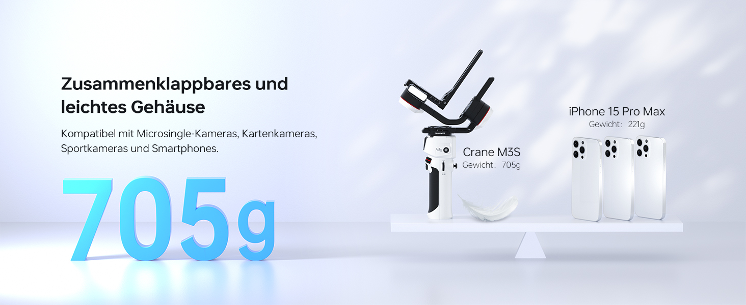 Das Produktgewichtsdiagramm zeigt die 705g-Spezifikation mit vereinfachten Symbolen, die die Montage- oder Konfigurationsoptionen des Produkts veranschaulichen