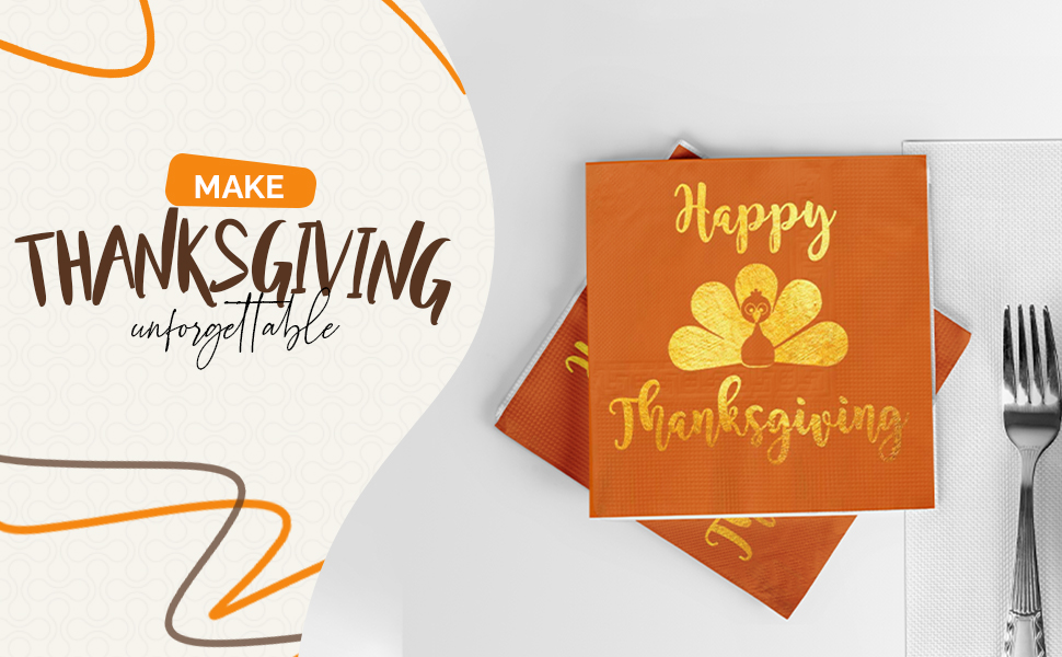 Happy Thanksgiving Napkins, Set of 50 3 Ply 5" x 5" Gold