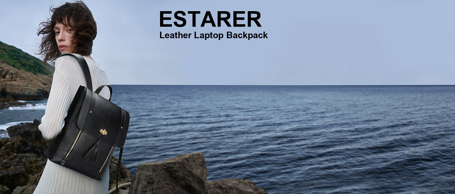Estarer Womens Leather Laptop Backpack 15.6 Inch Black Large Rucksack