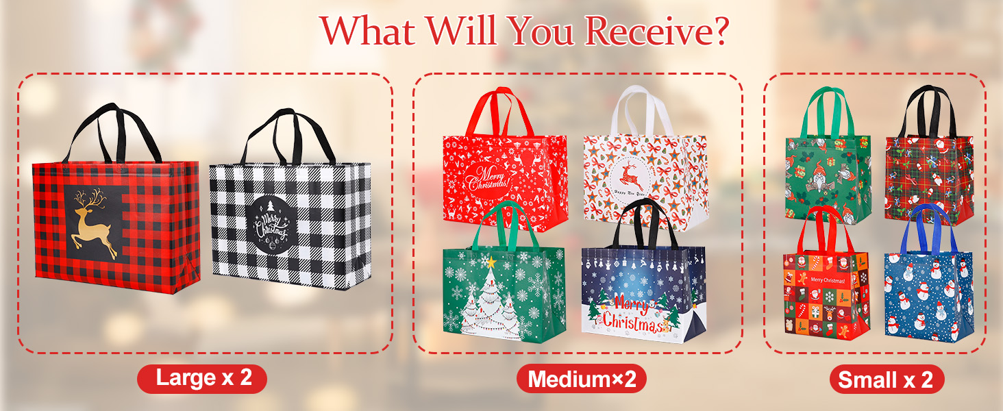 Assortment of holiday-themed reusable shopping bags in various sizes and patterns, including plaid, snowflakes, and Christmas trees. Available in large, medium, and small sizes.