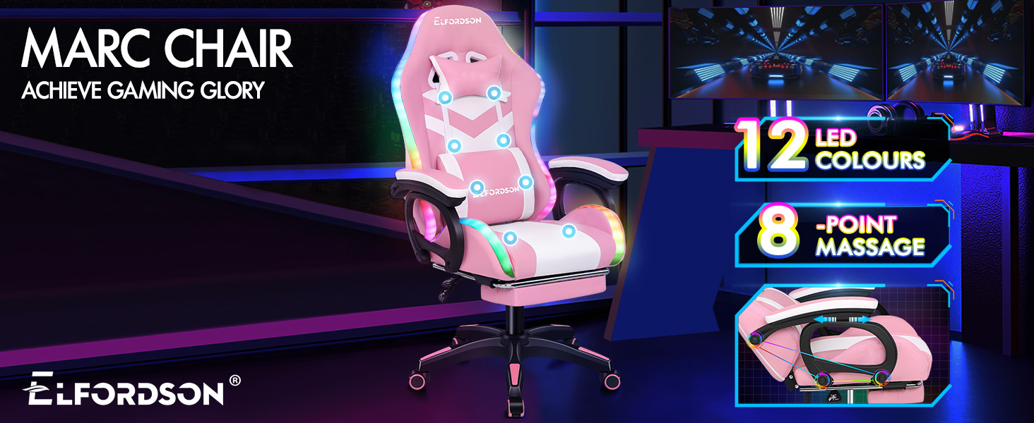 ELFORDSON Gaming Chair With RGB LED Light 8-Point Massage, Pink & White 10 1-1