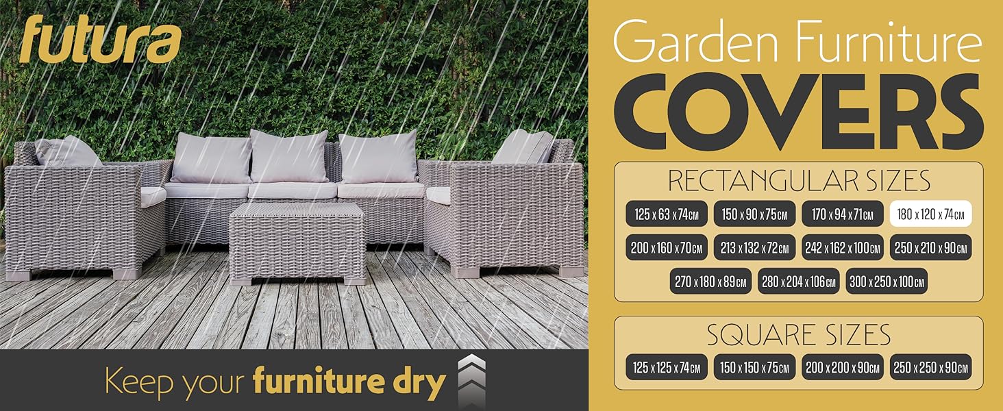 Split image showing outdoor furniture on deck and product sizing chart for Futura garden furniture covers with rectangular dimensions.