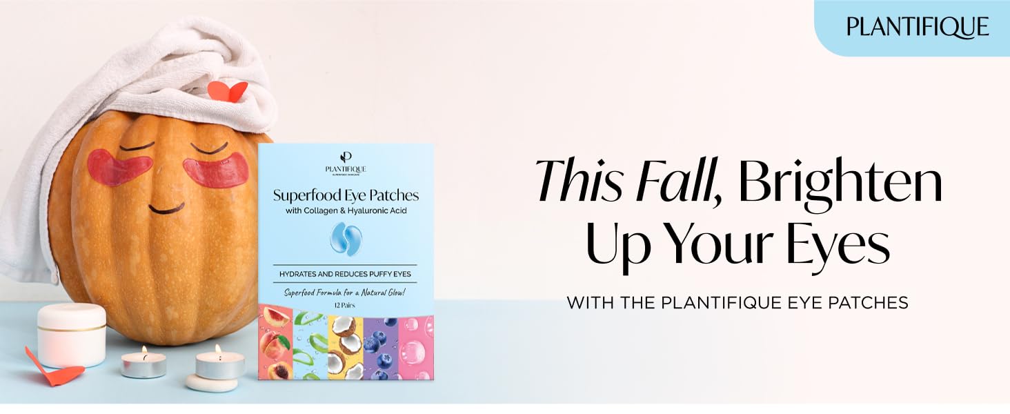 Plantifique eye patches displayed next to a pumpkin with a towel, evoking a fall skincare theme.
