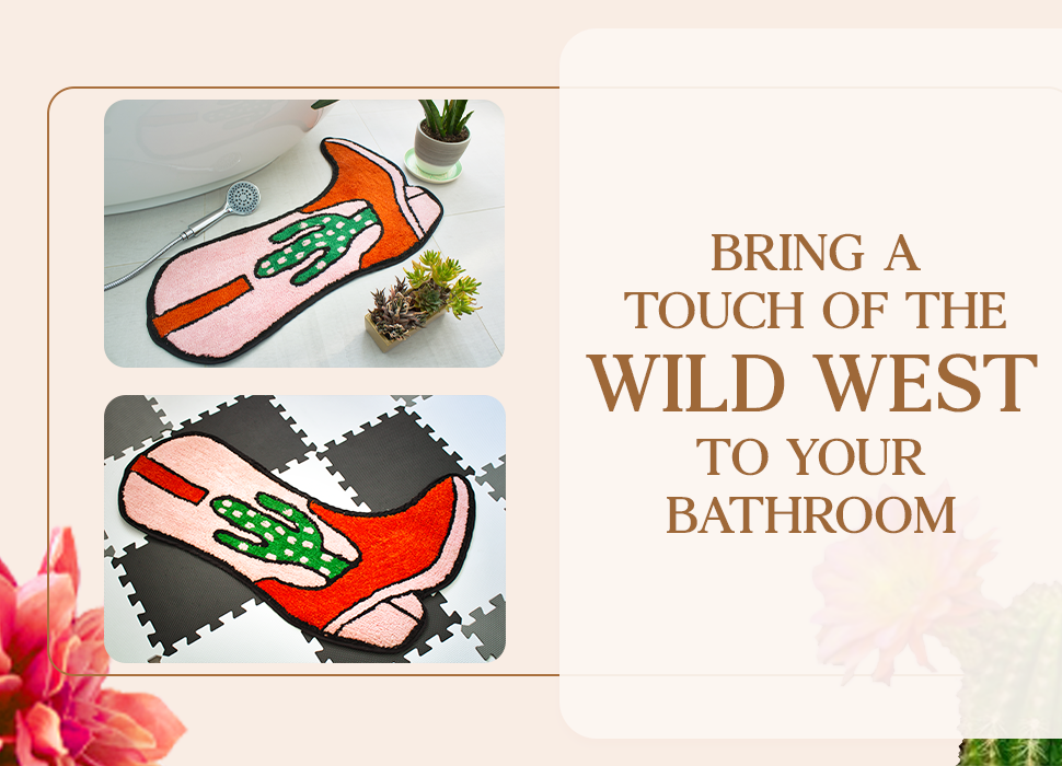 Cowboy Boot Bath Mat - 33" x 20" Western Boot Shaped Rug with Pink. Rust. and Green Cactus Design