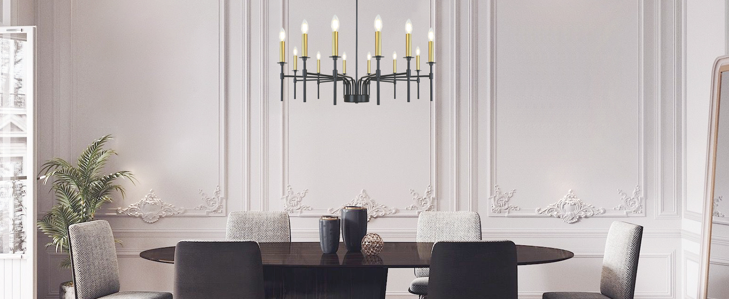 LynPon 12Light Black Gold Chandelier, 37" Modern Farmhouse Chandelier