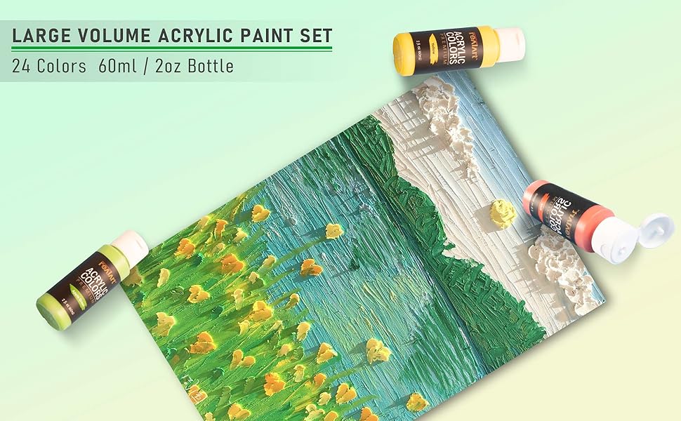 REALART Bulk Acrylic Paint 24 Colors (2oz/Bottle) with 10