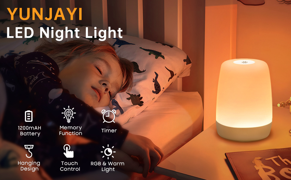 YUNJAYI Night Light for Kids Bedroom, LED Bedside Touch Lamp with Warm