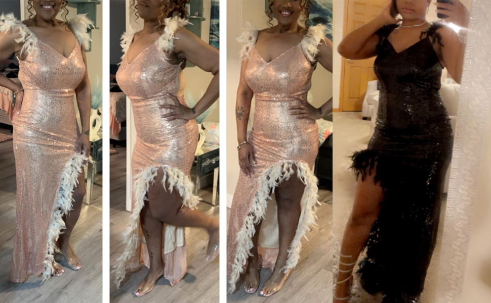 Sequin Mermaid V Neck Long Slit Sparkly Party Dress