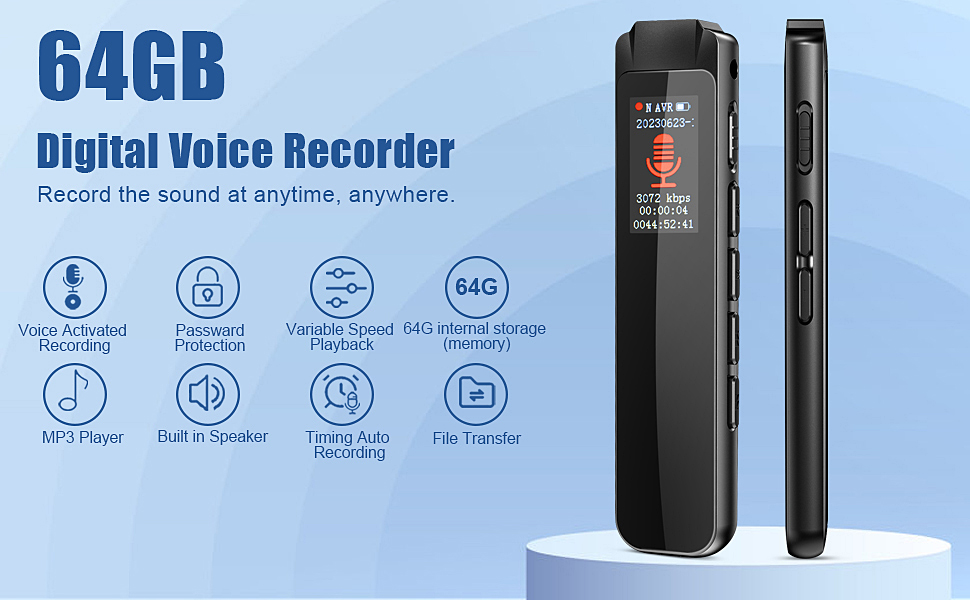 64GB Digital Voice Recorder Voice Activated Recorder for Lectures Meeting, Mini