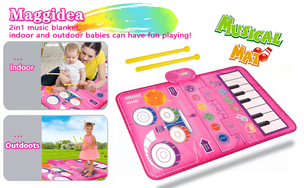 Maggidea 2-in-1 music blanket for babies. Pink mat with piano keys, drums, and various buttons. Usable indoors and outdoors for interactive play.