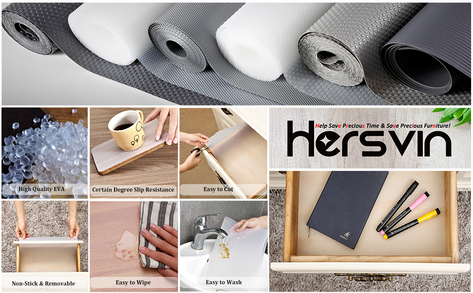 Shelf Liner, Hersvin 23.6"x196.9" NonAdhesive Drawer Liners EVA AntiSlip Kitchen Pantry