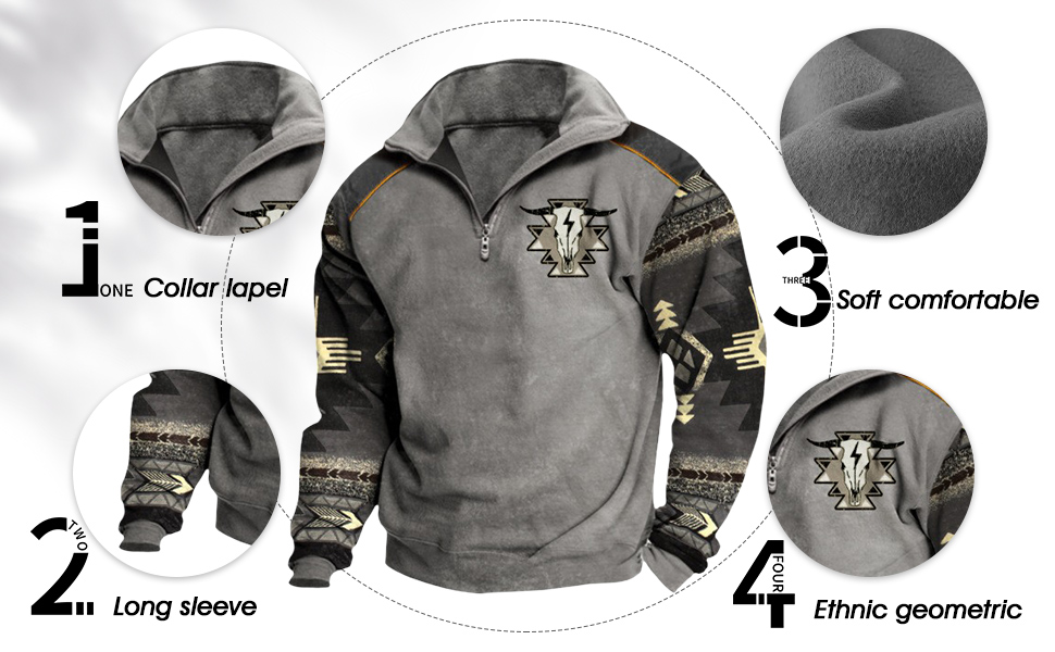 Aztec Cowboy Hoodie Vintage Graphic Western Hoodies for Men Half Zip Pullover with Pocket