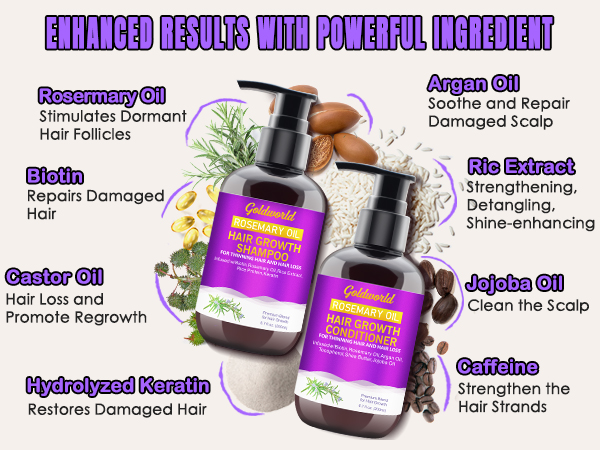 Hair care product infographic showcasing ingredients like rosemary oil, argan oil, biotin, and jojoba oil with their benefits for hair health.