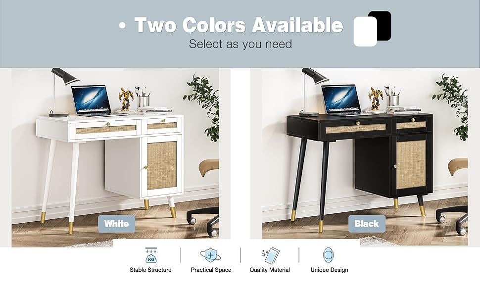 Anmytek Rattan Vanity Desk with Drawers and Storage, Black Makeup