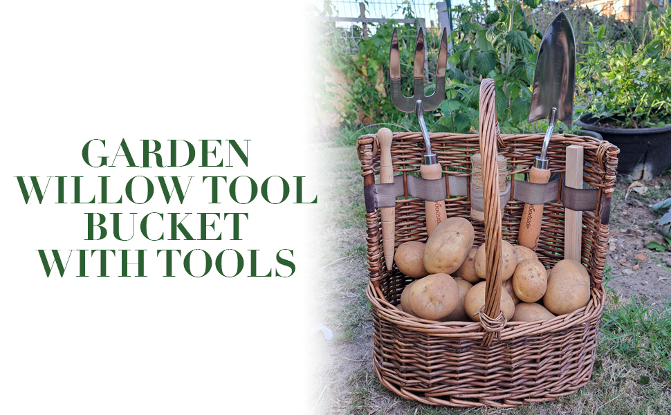 Woodside Willow Tool Basket/Bucket/Trug with Garden Hand Tools, Shovel