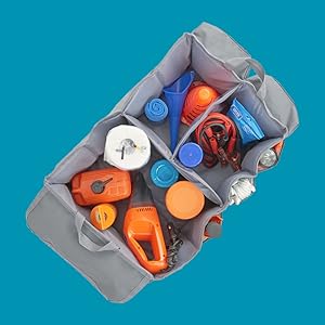 large gray trunk organizer with inside compartments holding tools and cleaning supplies