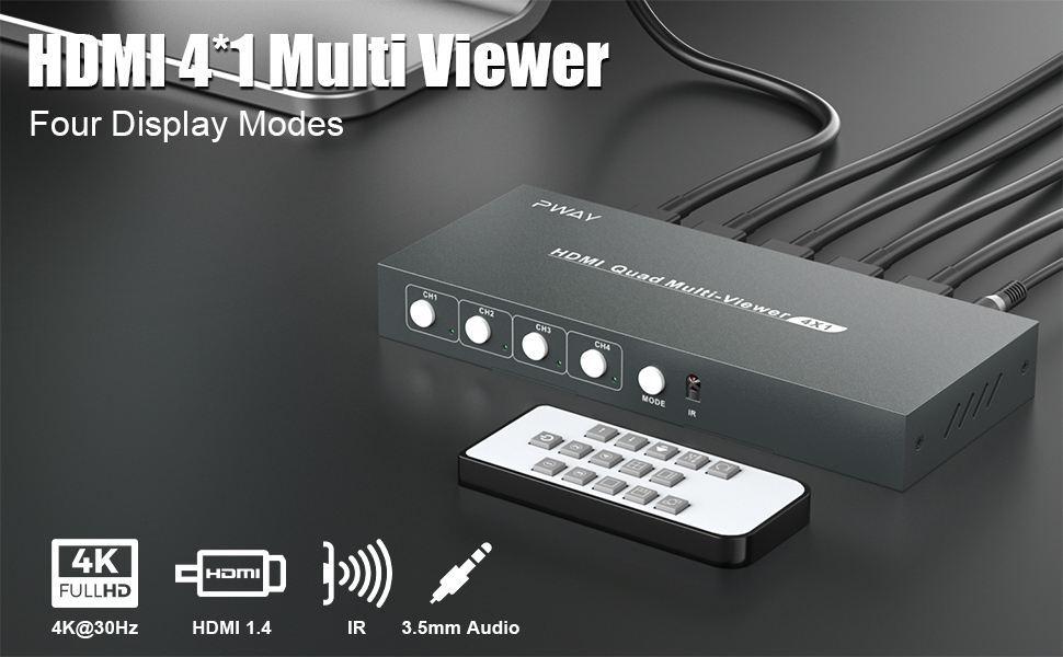 PWAY HDMI Quad MultiViewer 4x1 Seamless Switcher, HDMI Multiviewer