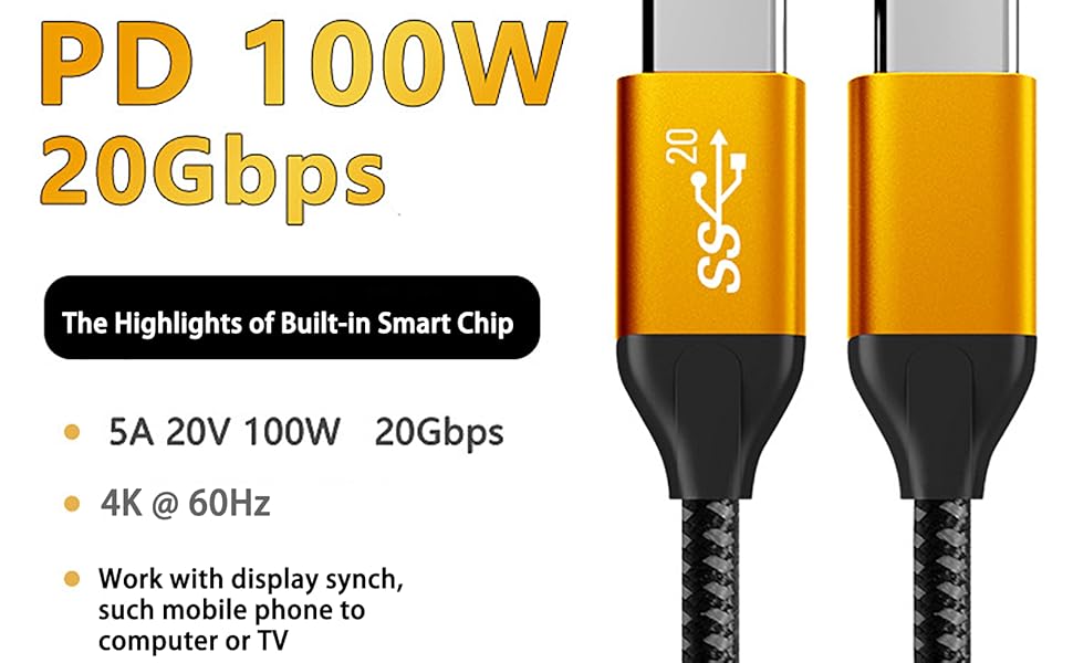 Zingther USB C Thunderbolt Cable, 20Gbps Super Speed Data Cord, 100W