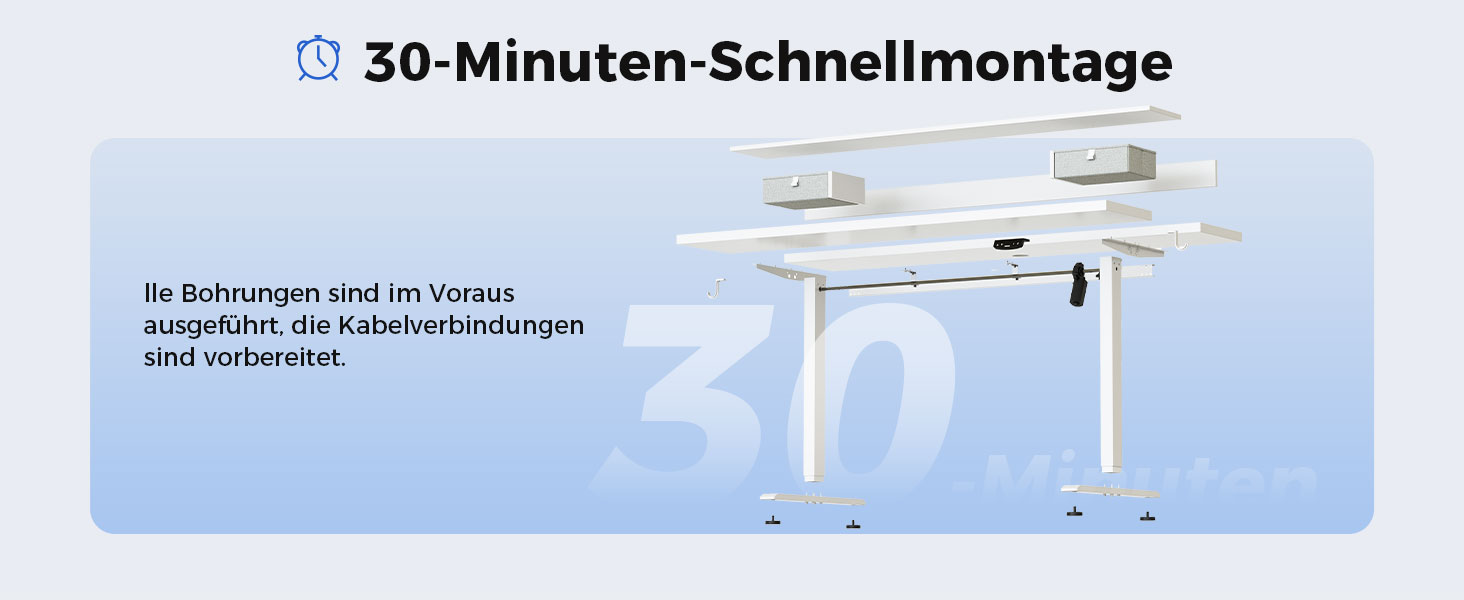 Der Text lautet "30-Minuten-Schnellmontage". Technisches Diagramm, das die Schritte zur Möbelmontage zeigt, mit nummerierten Anweisungen und Abbildungen der Komponenten.
