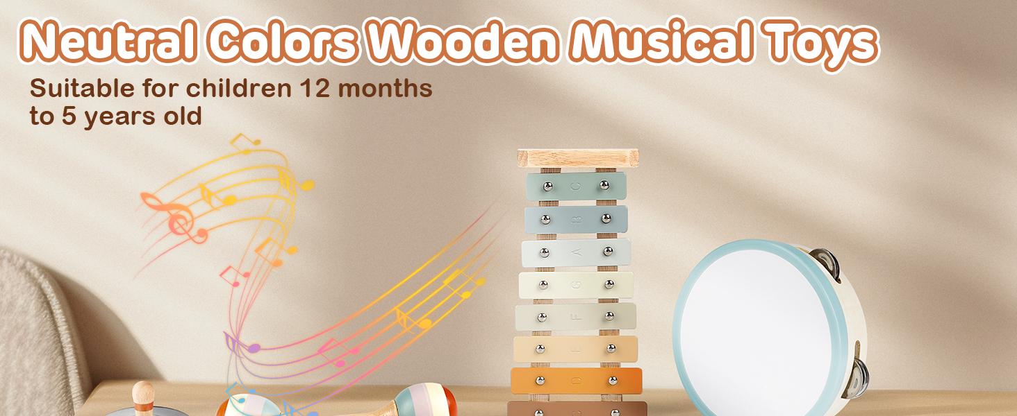 Kids Musical Instruments, Joyreal Baby Musical Instrument Montessori Wooden Toys for Toddlers18M+, Neutral Colors Percussion Instruments Set, Aesthetic Modern Boho Xylophone for Kids Playroom Gifts 8 Toddler Musical Instruments