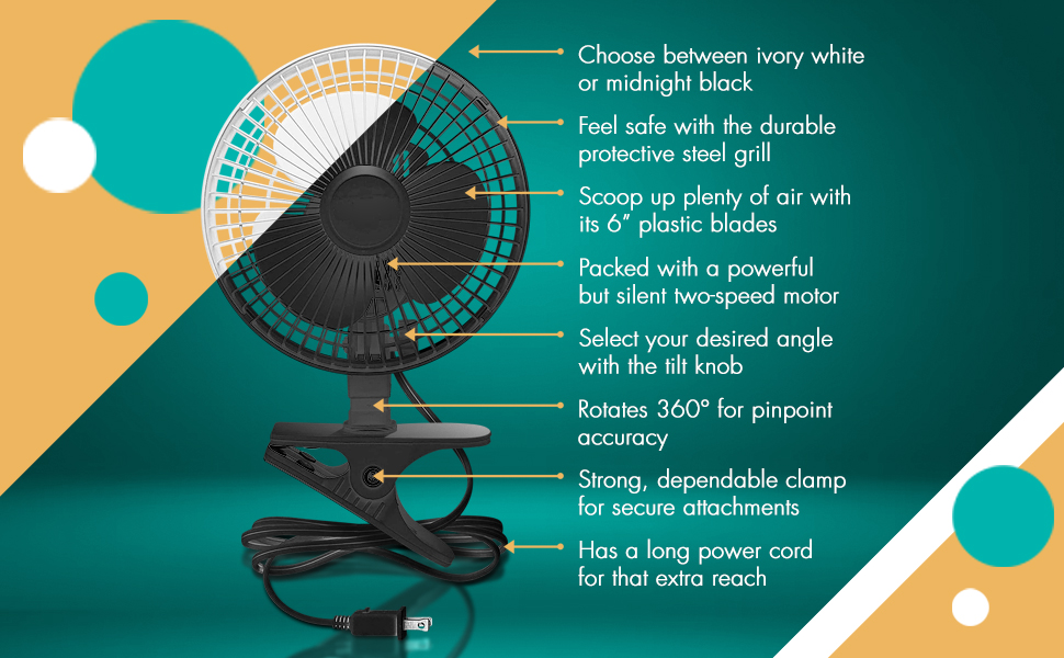 2 Speed Adjustable Tilt, Whisper Quiet Operation Clip-On-Fan with 5 ft Cord and Steel Safety Grill