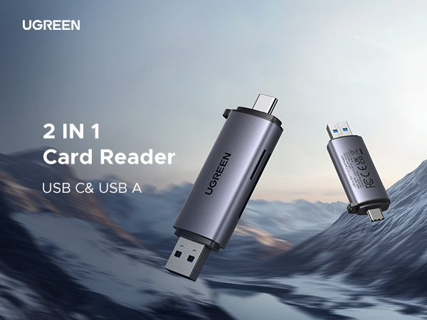 UGREEN 2-in-1 card reader featuring USB-C and USB-A connectivity, shown against mountainous background.