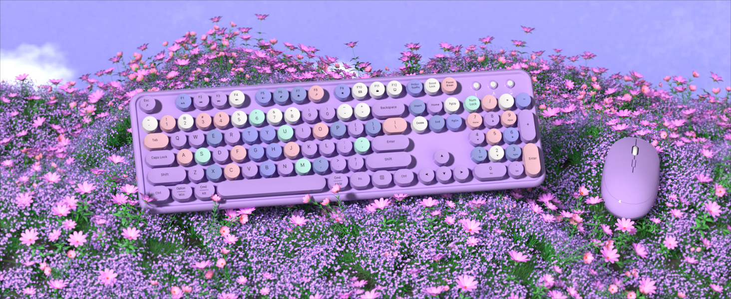 Wireless Computer Keyboard and Mouse Combo, COVEVA Colorful Typewriter Retro