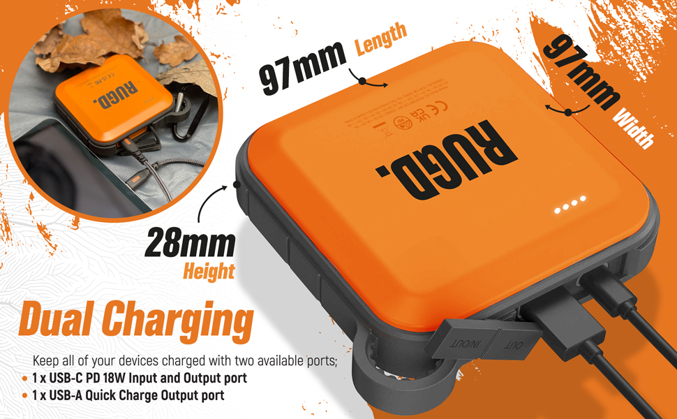 RUGD. Power Brick, Power Bank, USBC & USBA Fast Charging, Camping