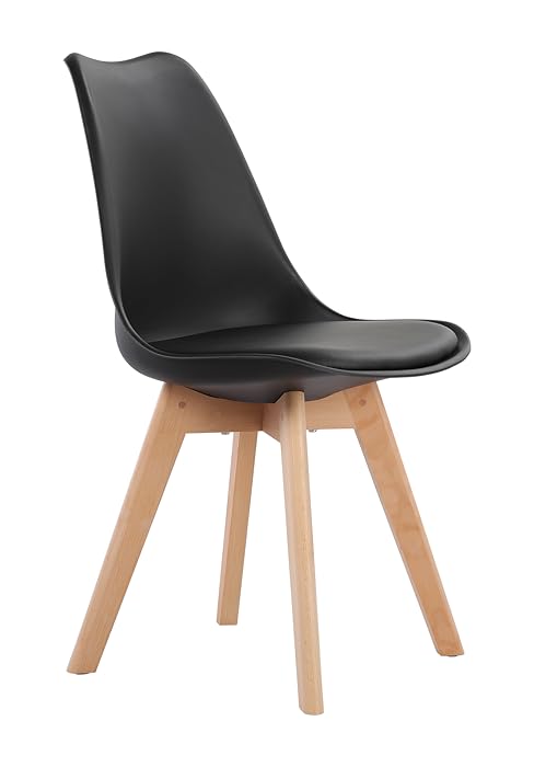 Moderner schwarzer Esszimmerstuhl mit geformtem Sitz, gepolstertem Polster und vier Holzbeinen, der ein elegantes, zeitgemäßes Design präsentiert