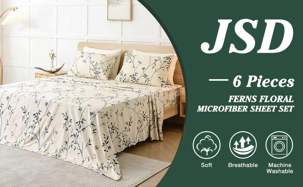 JSD 6 Piece Teal Leaves Printed Sheet Set Queen Size, Soft Botanical