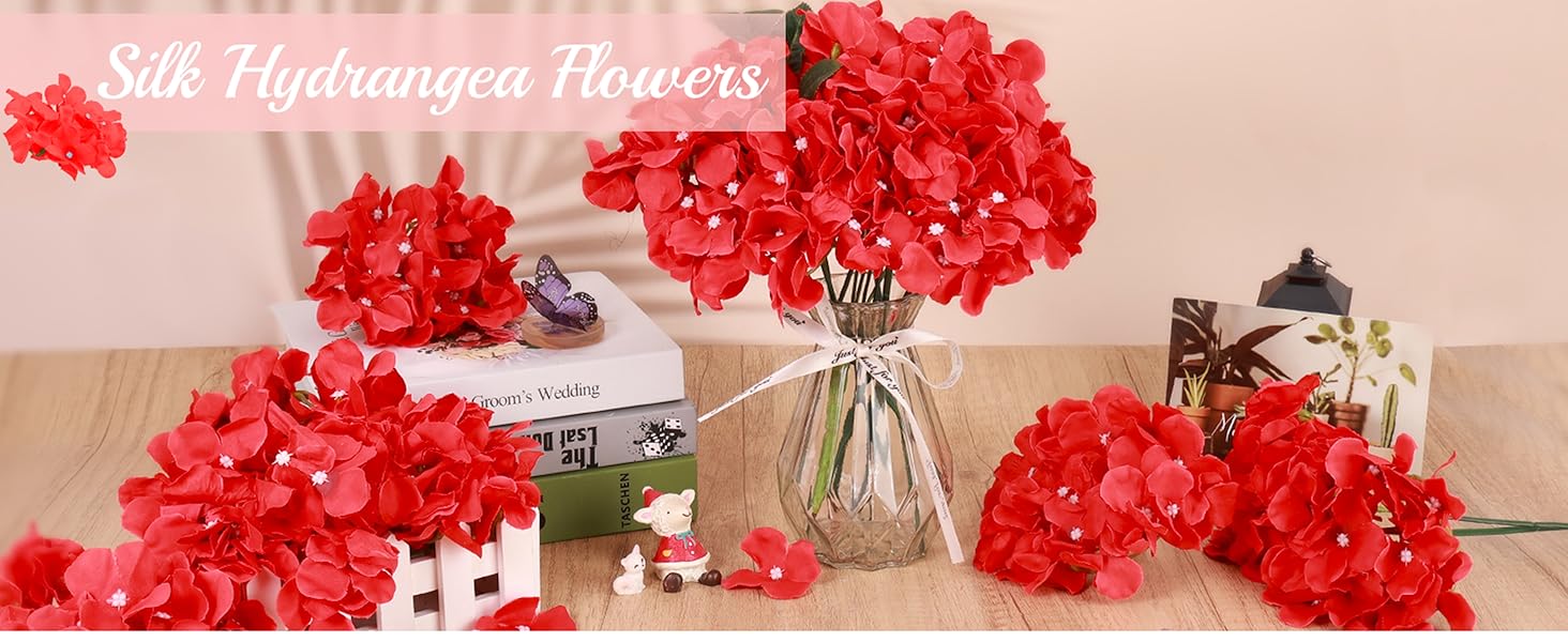 Auihiay 64pcs Hydrangea Artificial Flowers, Red Fake