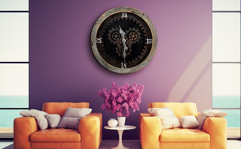 Easozoom 24 inch Large Wall Clock with Moving Gears for Living Room