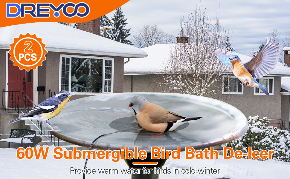 Dreyoo 2 Packs Bird Bath De Icer, 60w Submergible De Icer