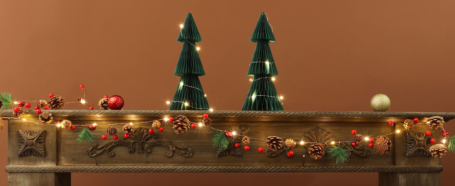 Christmas Garland with Lights, 6.6FT Pinecones Christmas String Lights