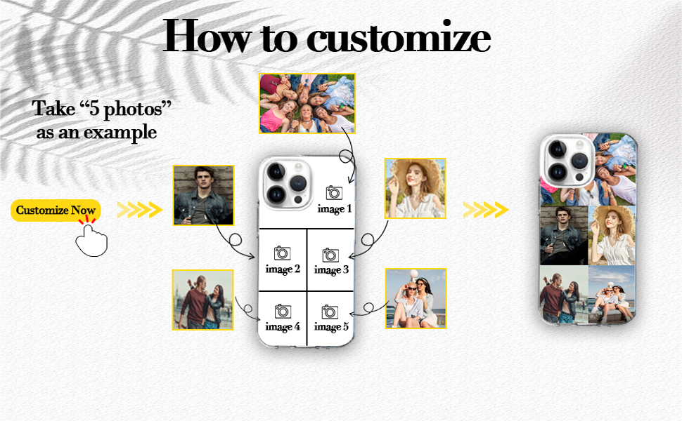 Smartphone case customization process showing how to add personal photos to a phone case design, with arrows indicating the steps from image selection to final product.