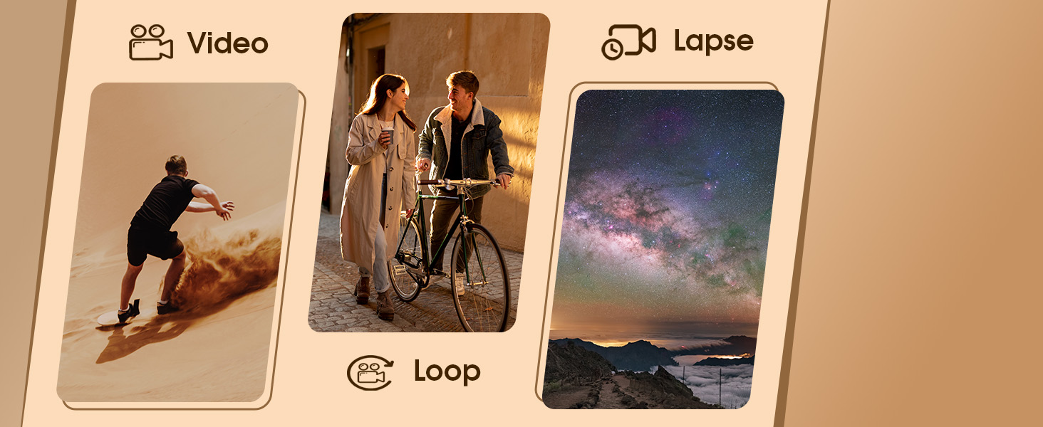 Der Text lautet „Video“ und „Loop“. Oberfläche mit mehreren Video-Thumbnails, die in einem Rasterlayout mit Navigationselementen angeordnet sind.