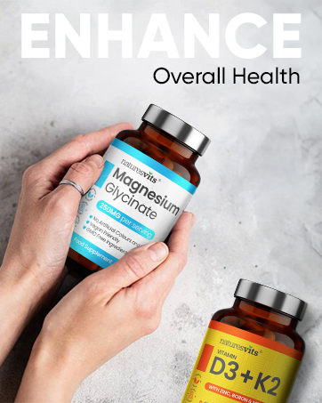 Two supplement bottles held in hands. One labeled 'Magnesium Glycinate', the other 'D3+K2'. Text above reads 'ENHANCE Overall Health'.