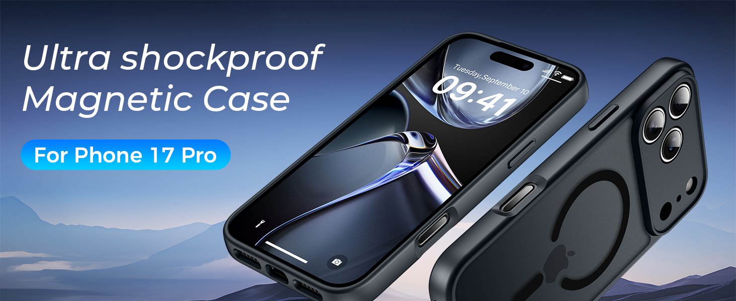 Text reads 'Ultra shockproof Magnetic Case' and 'For iPhone 17 Pro'. Multiple views of black phone case showing different angles and protective features.