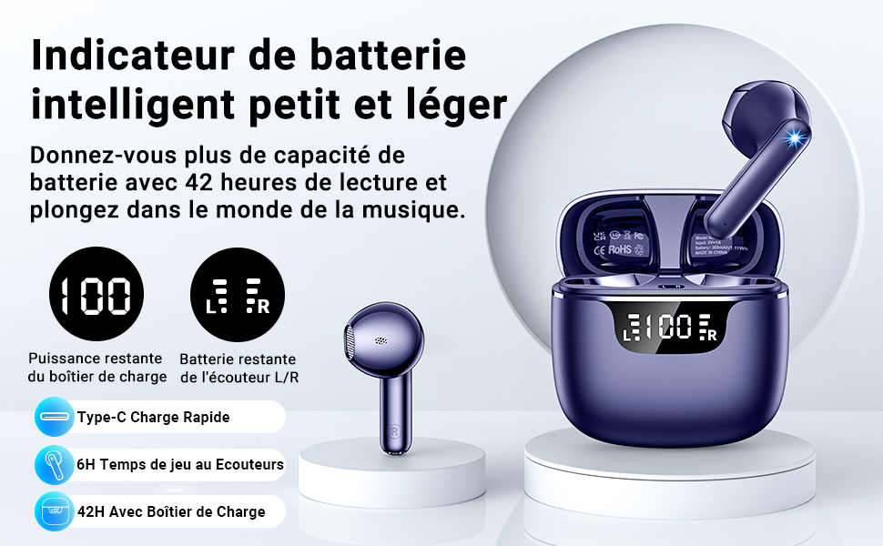 avec étui de chargement affichant le pourcentage de batterie. Le boîtier indique une charge à 100 %. Le produit est doté d'une recharge rapide et d'une autonomie totale de 42 heures avec l'étui